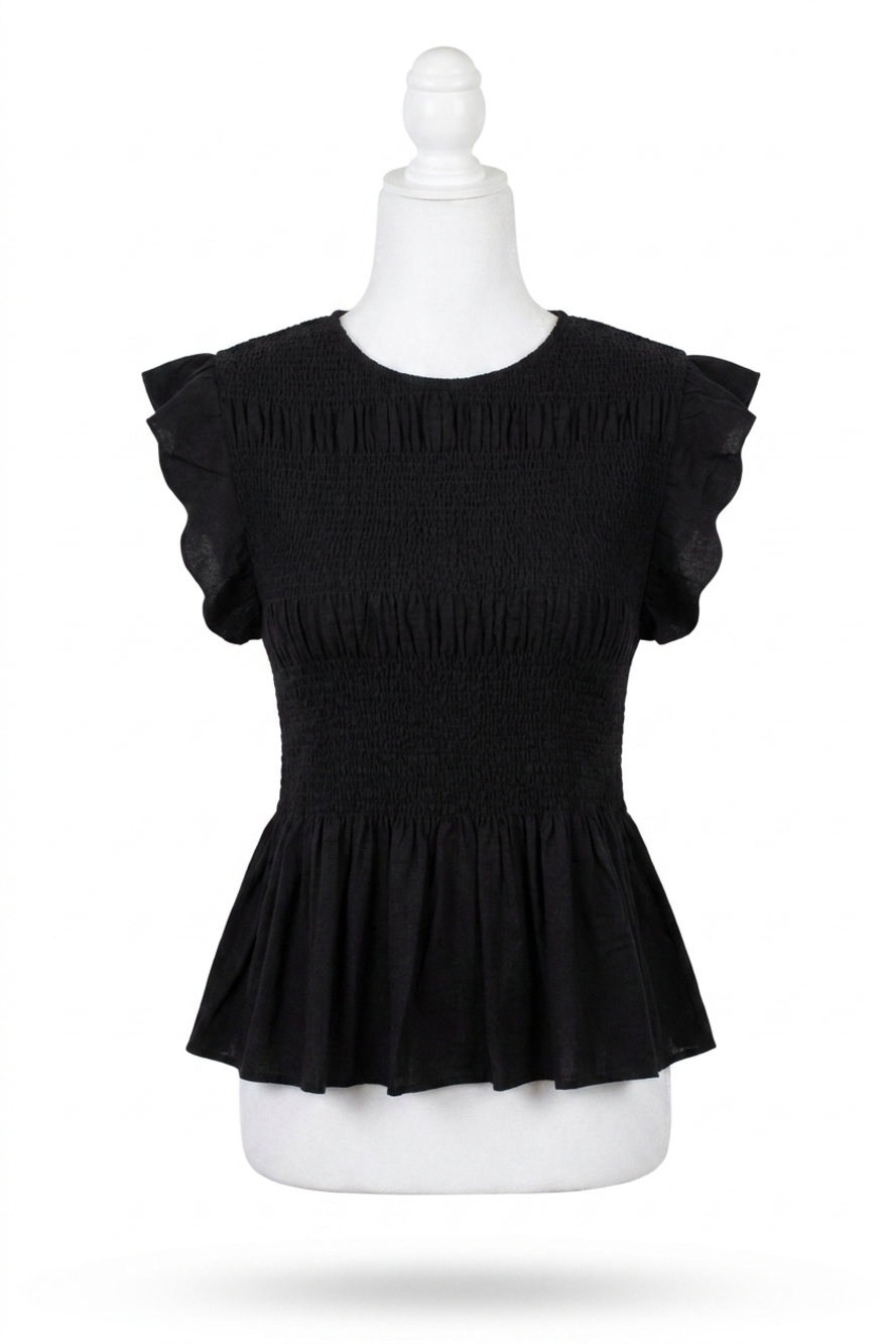 NEW UMGEE women's linen blend scalloped sleeve smocked top in black